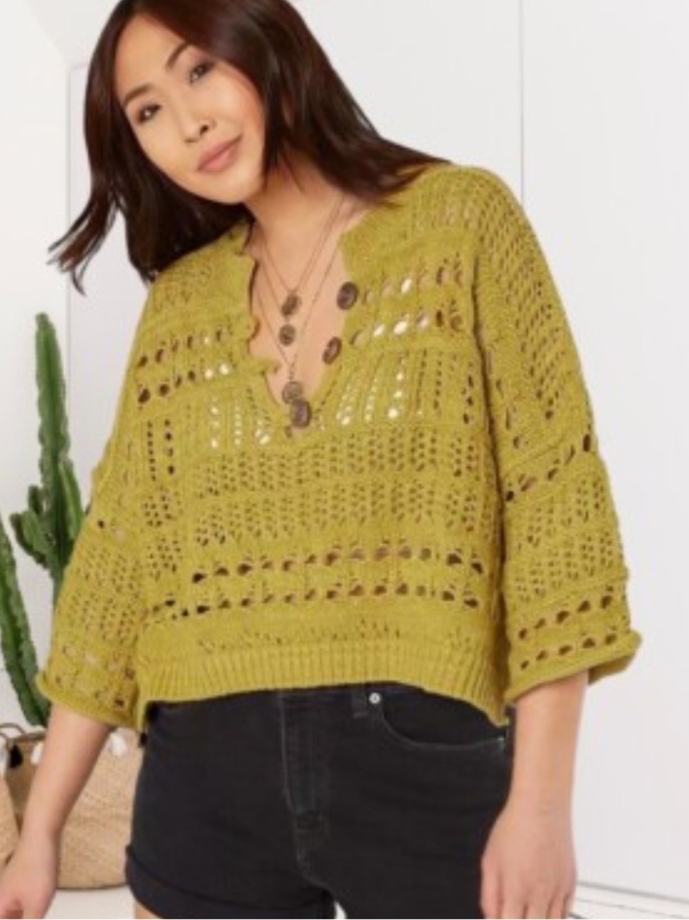 Free People Dreams Tonight Open Knit Crop Sweater Oversized Size XS Dark Yellow